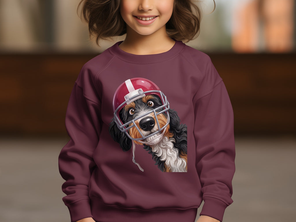 Dog wearing a football helmet on a maroon sweatshirt.
