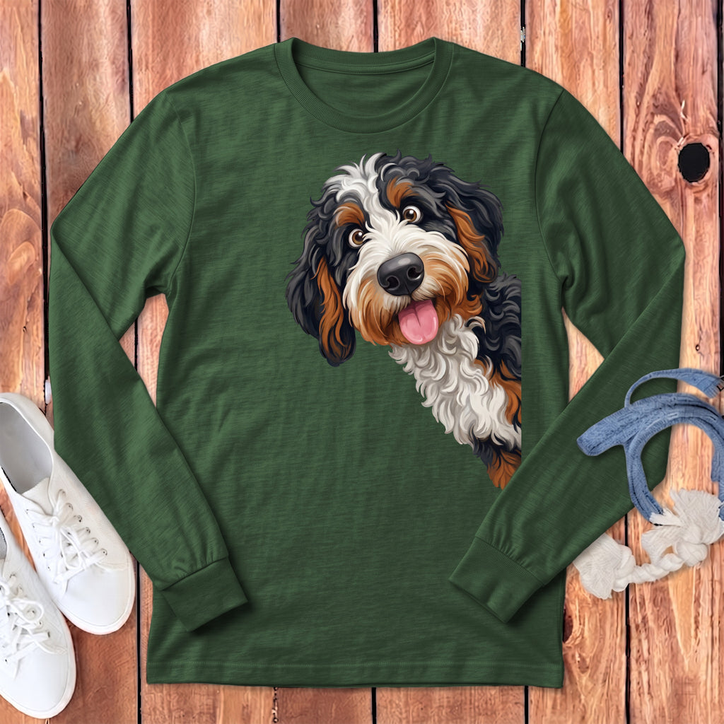 Green long sleeve shirt with a colorful Bernese Mountain Dog graphic.