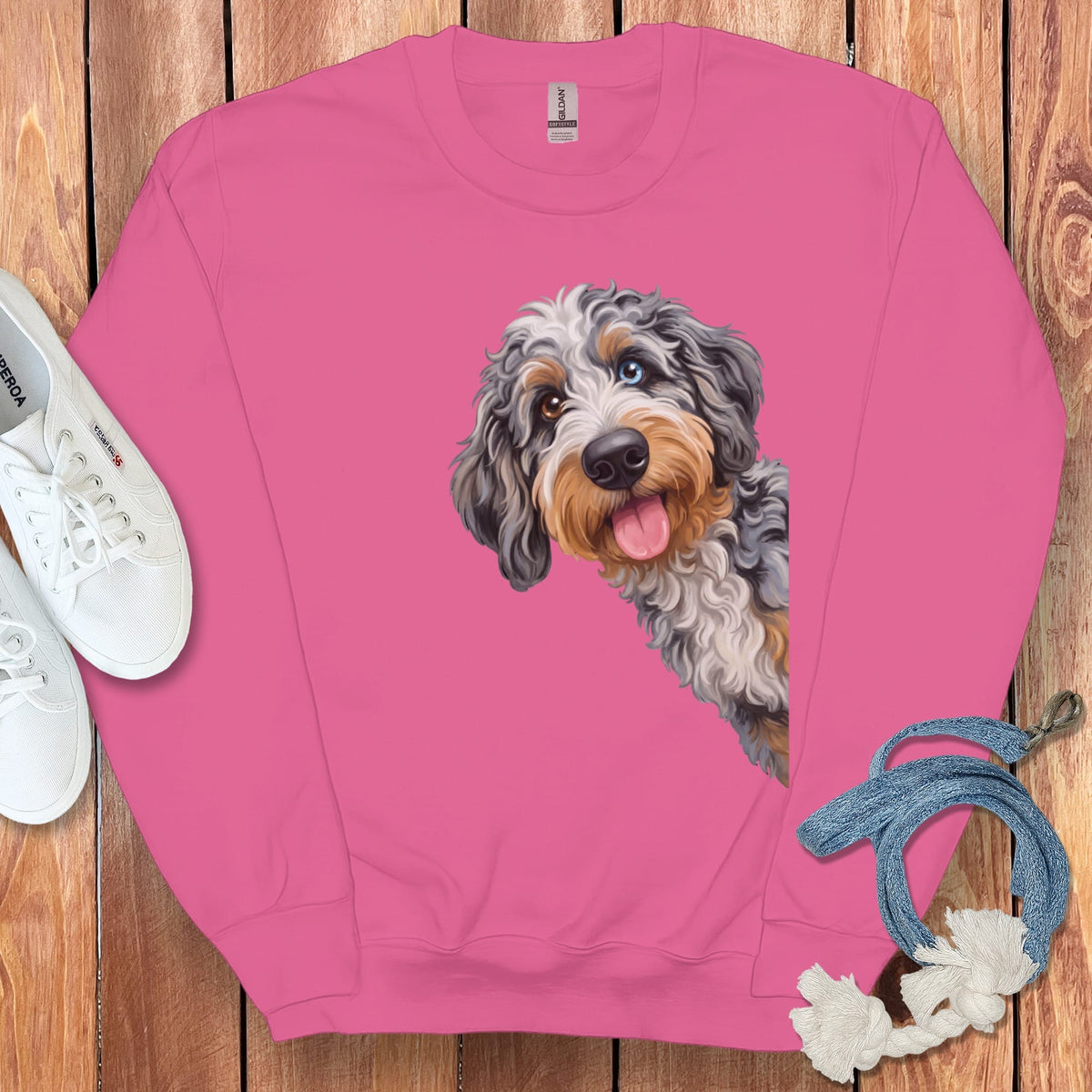 Tongue Out Aussiedoodle Sweatshirt in Heliconia / S by Puppy Jo