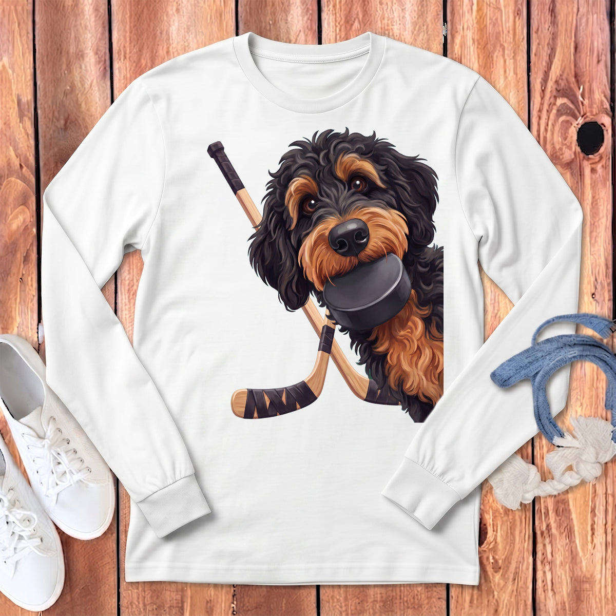 Phantom Goldendoodle Hockey Long Sleeve T-Shirt in White / S by Puppy Jo