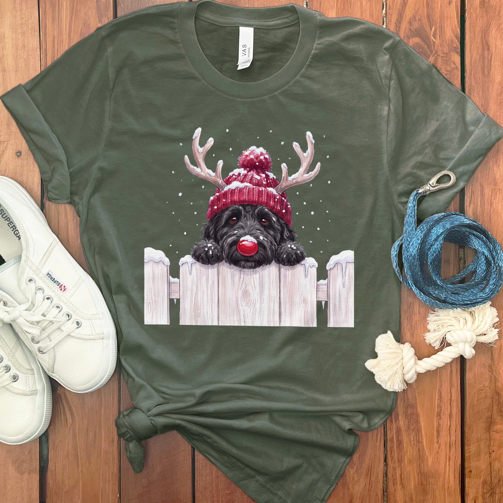 Olive green t-shirt with a black dog wearing a red reindeer hat and red nose.
