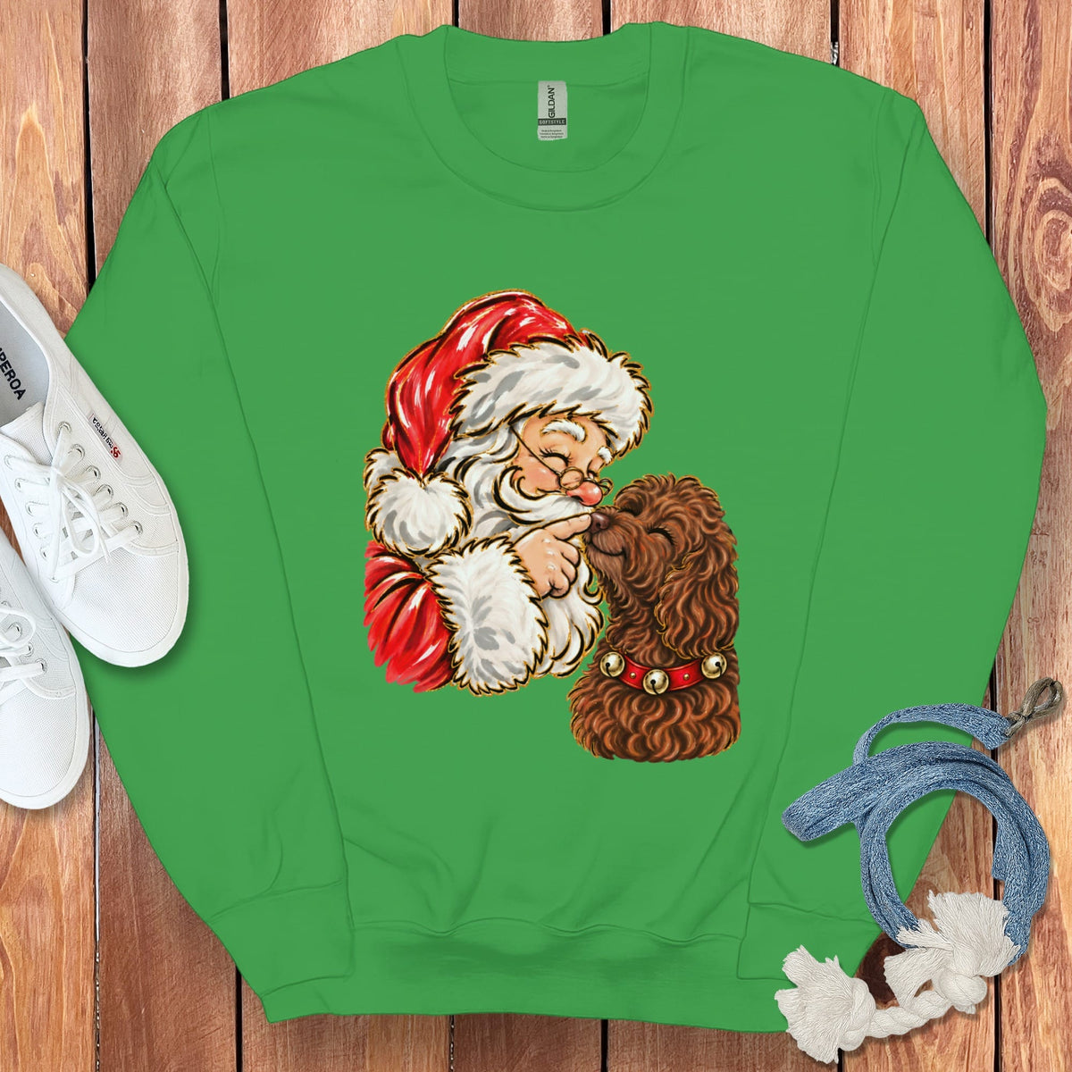 Chocolate Goldendoodle Santa Kiss Sweatshirt in Irish Green / S by Puppy Jo