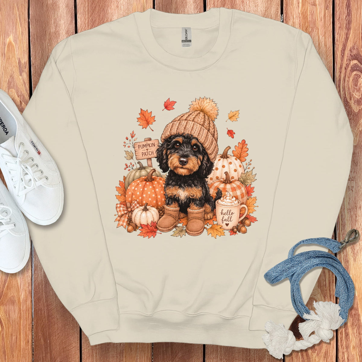 Phantom Goldendoodle Pumpkin Patch Sweatshirt in Sand / S by Puppy Jo