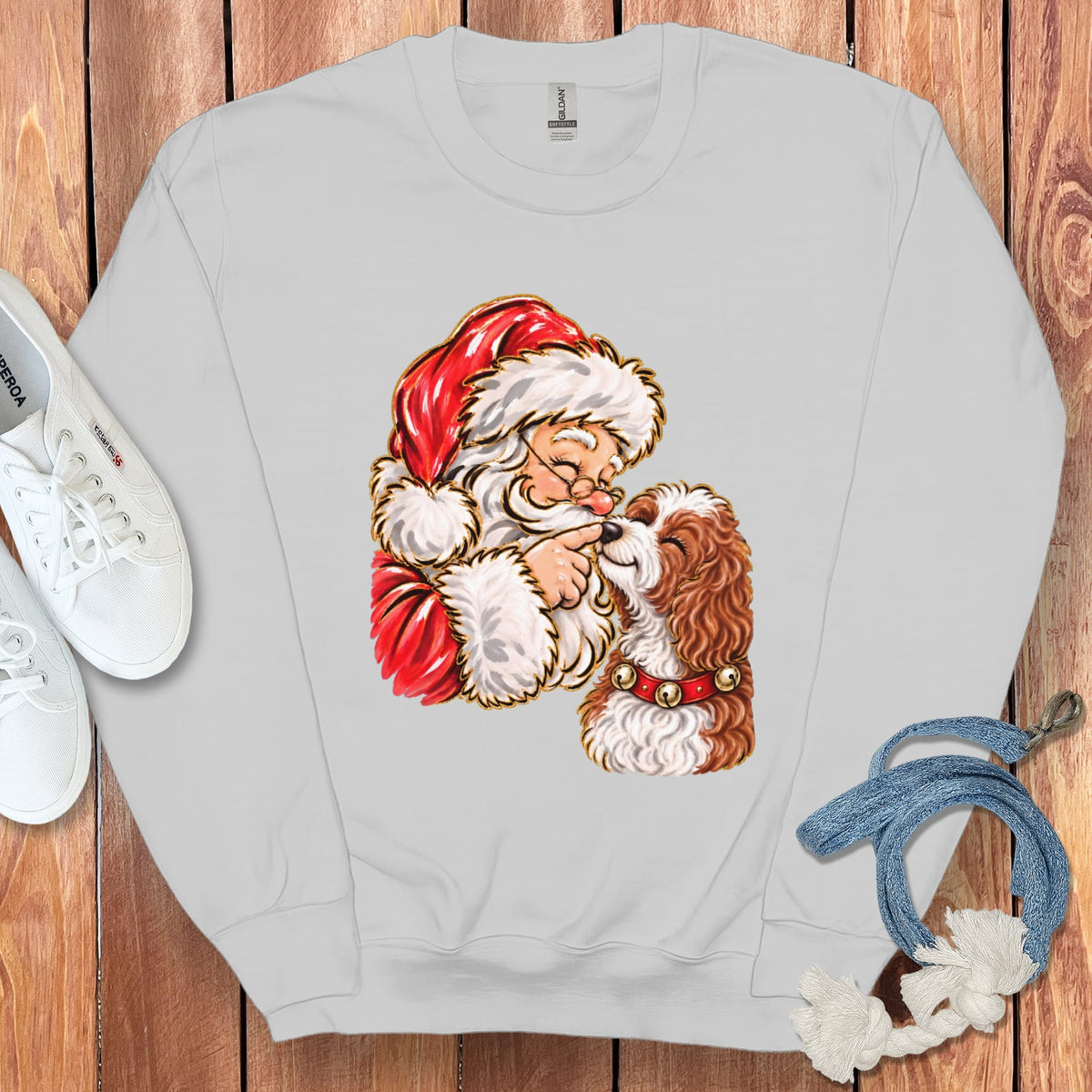 Cavapoo Santa Kiss Sweatshirt in Sport Grey / S by Puppy Jo