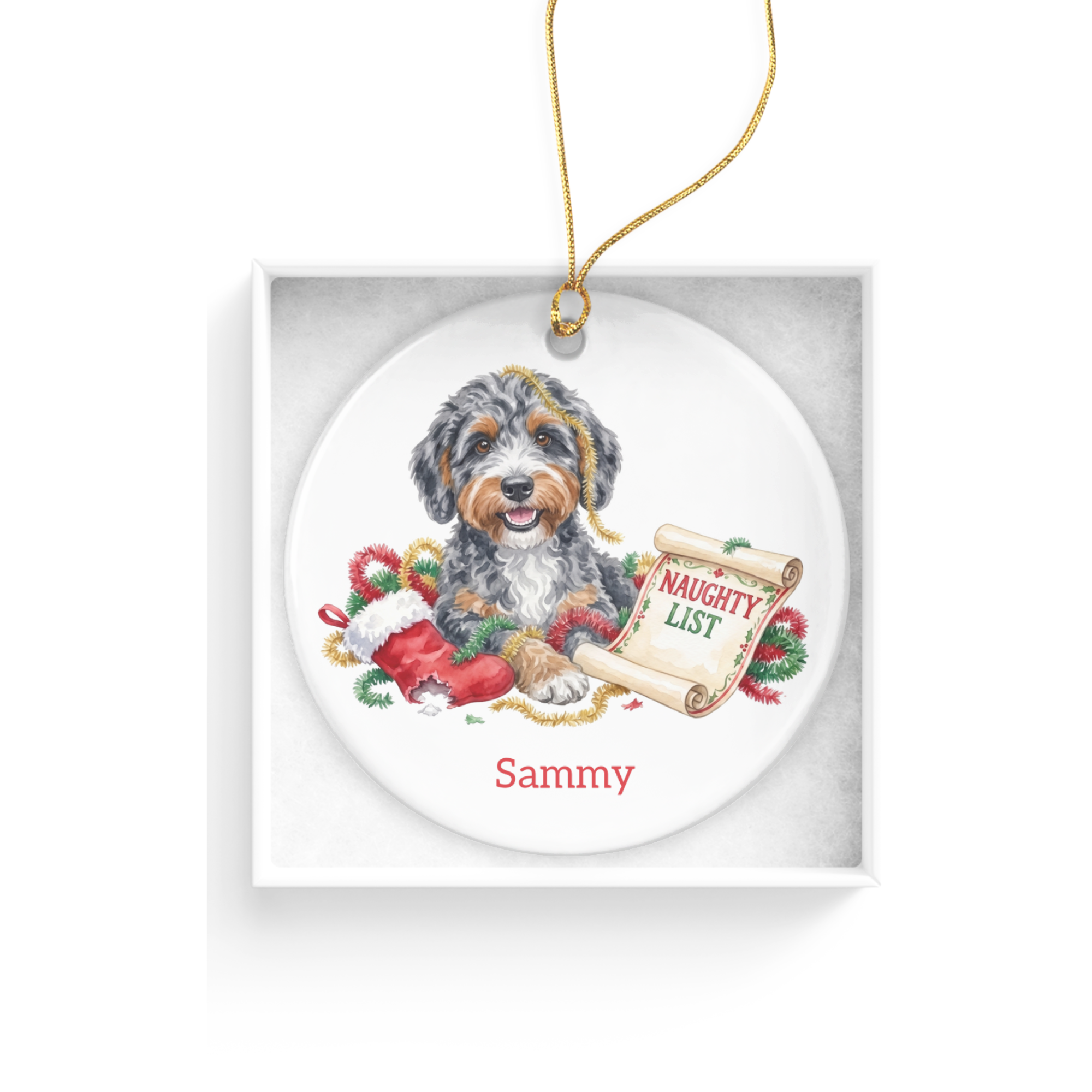 Naughty List Aussiedoodle Ornament