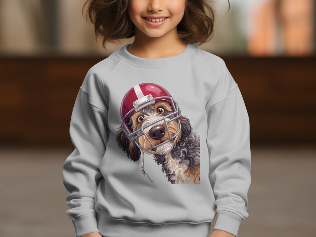 Illustration of a dog wearing a red football helmet on a light grey sweatshirt.