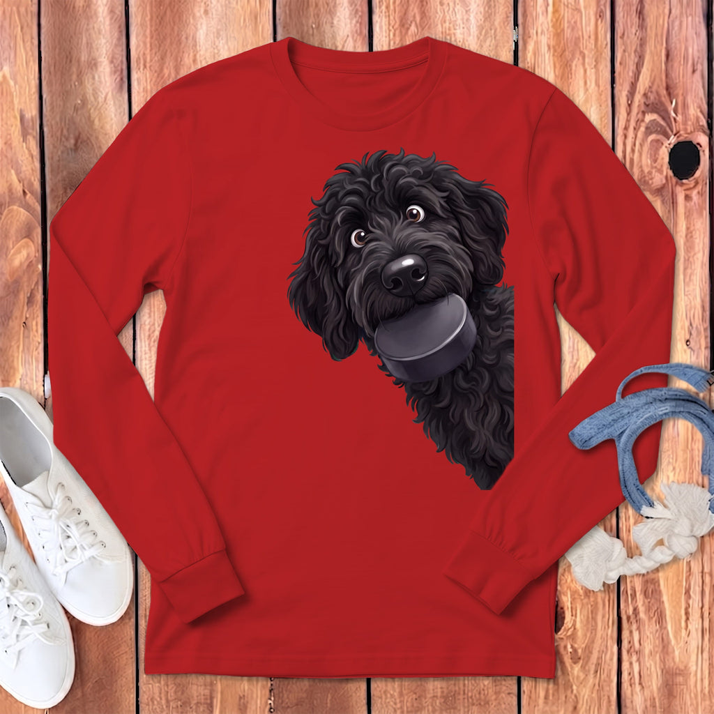 Black Goldendoodle Hockey Puck Long Sleeve T-Shirt in Red / S by Puppy Jo