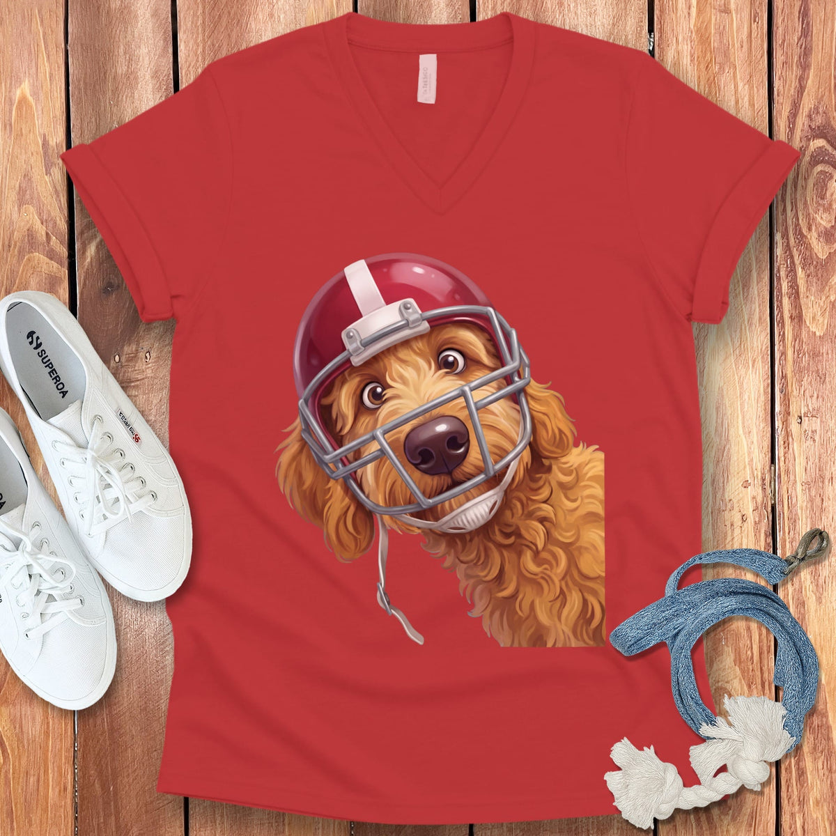 Apricot Goldendoodle Football Helmet V-Neck T-Shirt in Red / S by Puppy Jo