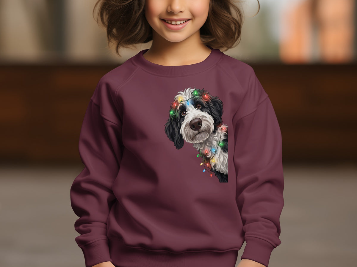 Maroon sweatshirt with a black and white dog wearing colorful Christmas lights.