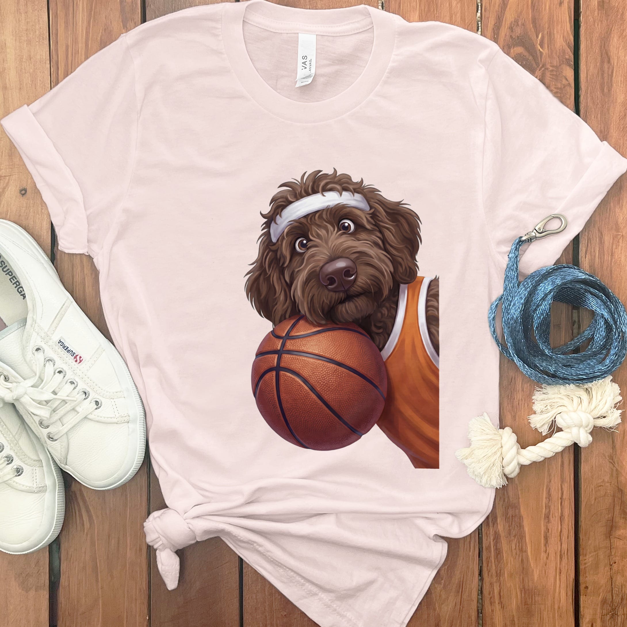 Chocolate Goldendoodle Basketball Player T-Shirt in Soft Pink / S by Puppy Jo