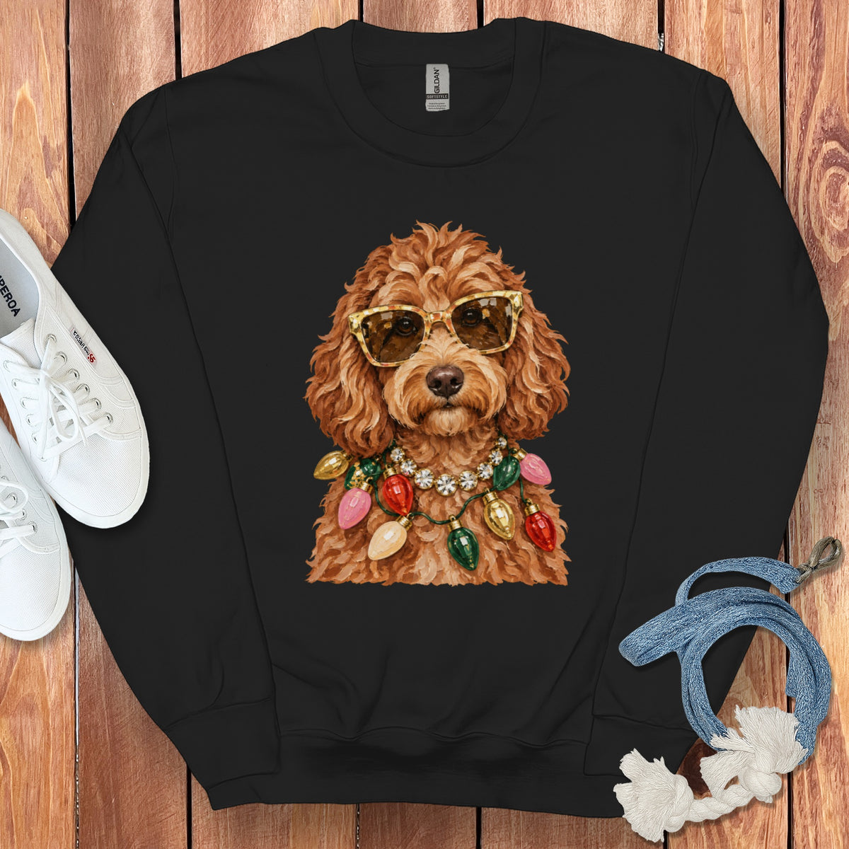 Black sweatshirt with a Christmas dog graphic wearing sunglasses and lights.