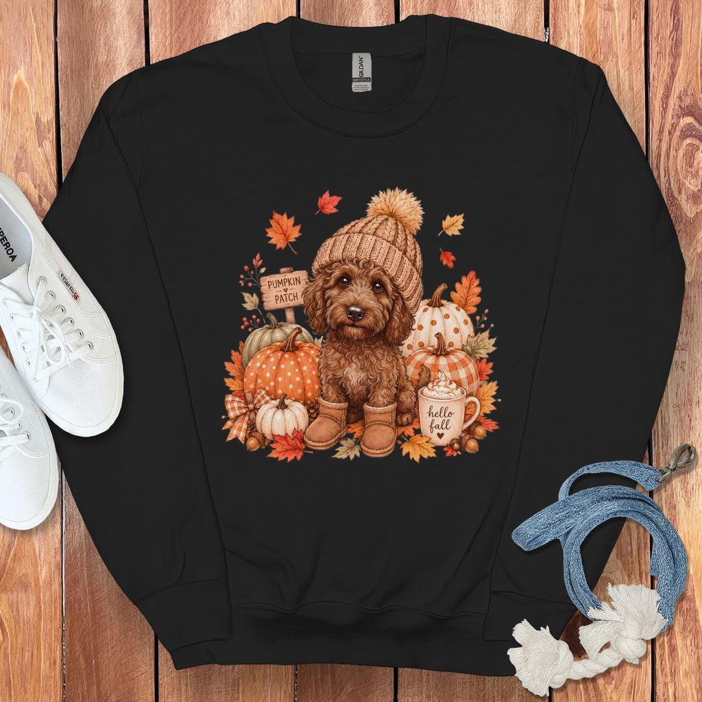 Chocolate Goldendoodle Pumpkin Patch Sweatshirt in Black / S by Puppy Jo