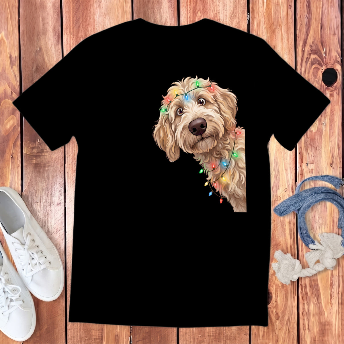 Black t-shirt with a doodle dog peeking from the side, wearing Christmas lights.