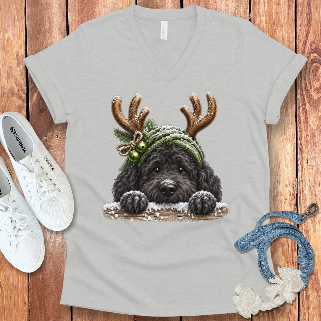 Light grey v-neck t-shirt with a black dog wearing antlers and a green hat.
