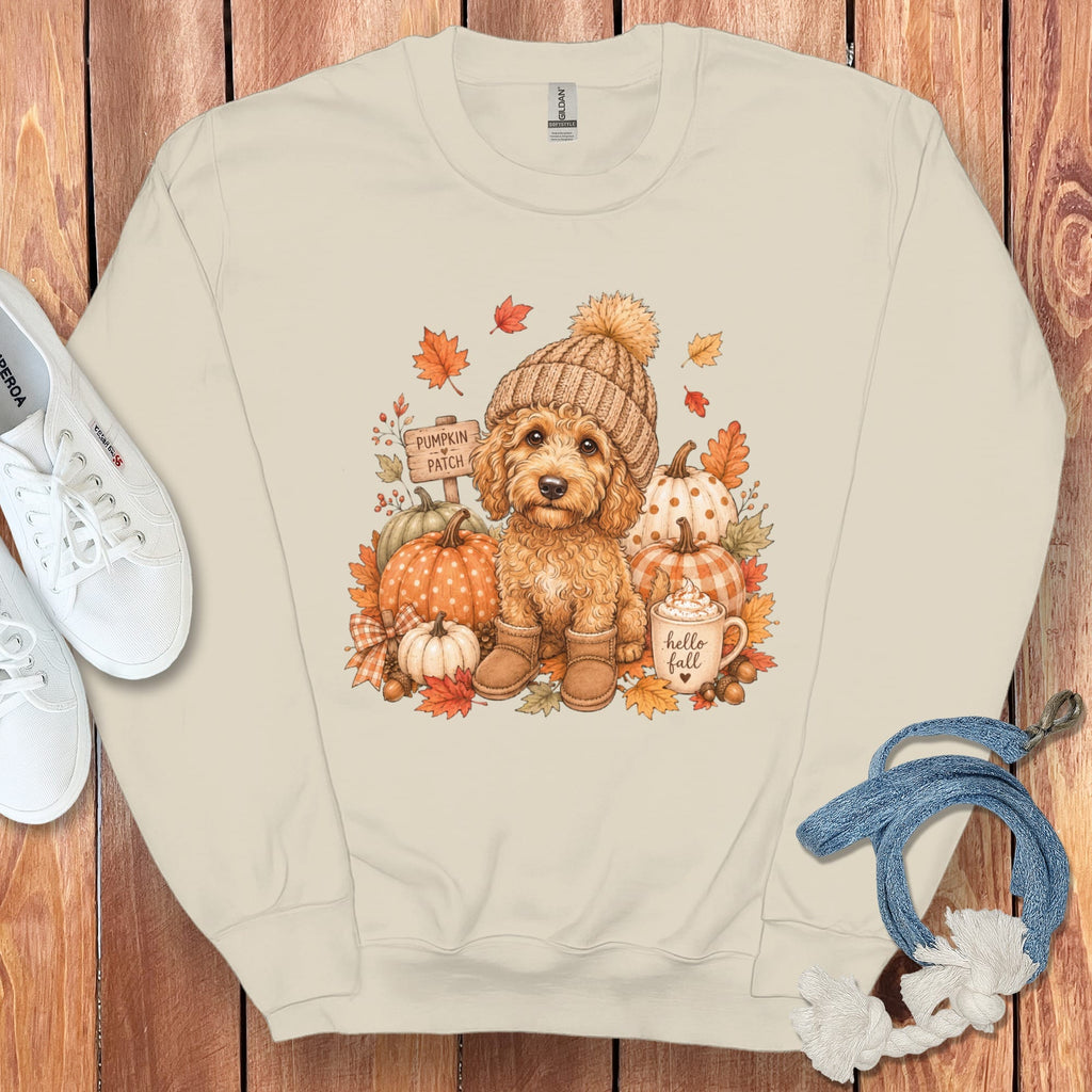 Apricot Goldendoodle Pumpkin Patch Sweatshirt in Sand / S by Puppy Jo