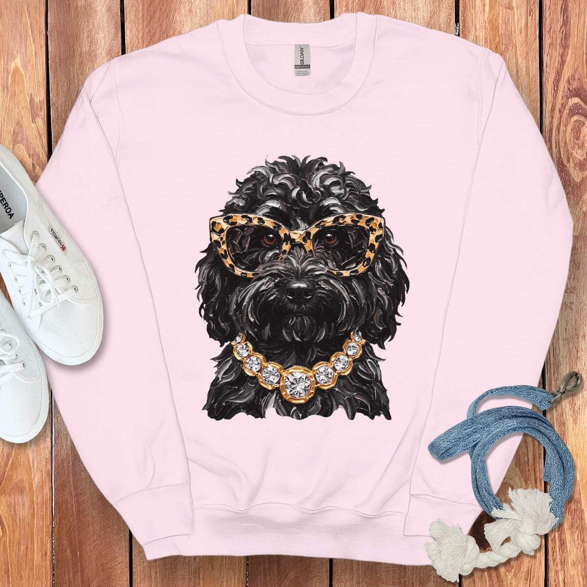 Black Goldendoodle Glam Sweatshirt in Light Pink / S by Puppy Jo