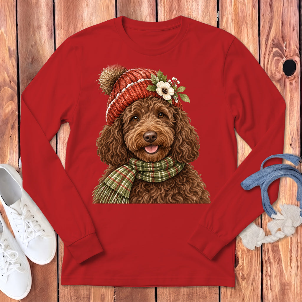 Red long-sleeve shirt with a doodle dog wearing a winter hat and scarf.
