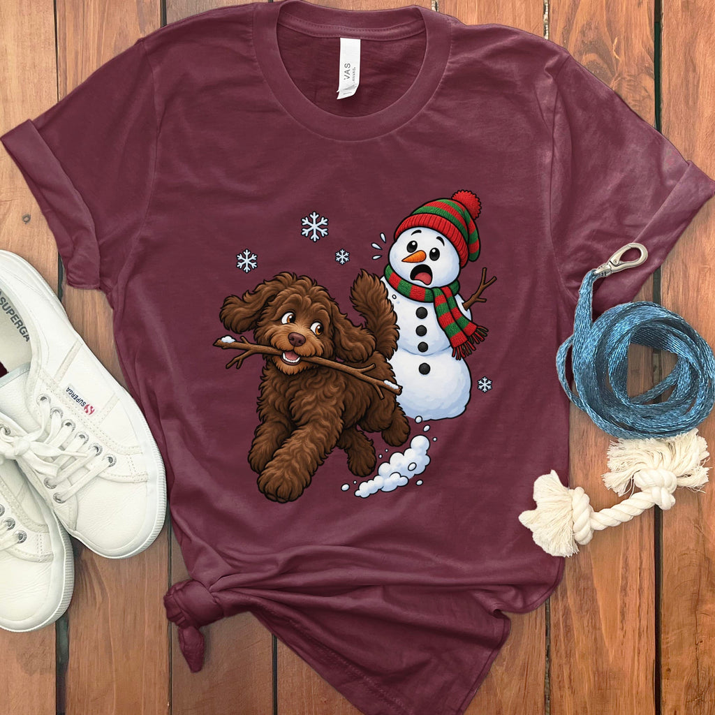 Chocolate Goldendoodle Snowman T-Shirt in Maroon / S by Puppy Jo