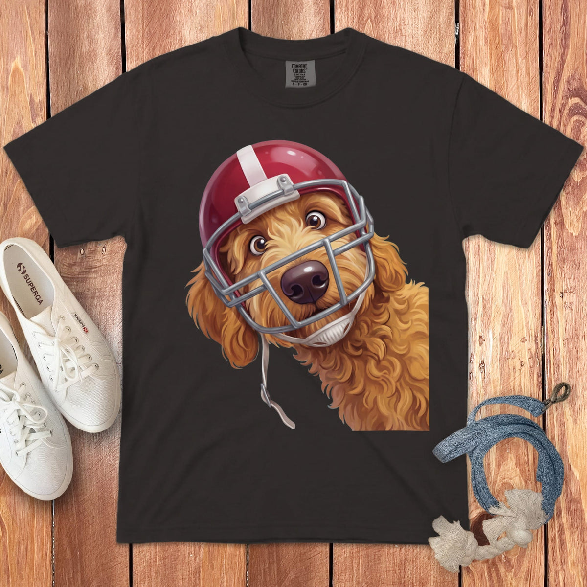 Apricot Goldendoodle Football Helmet Signature T-Shirt in Graphite / S by Puppy Jo