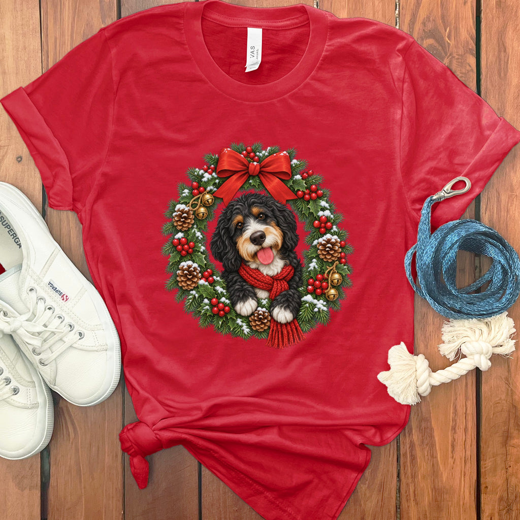 A red t-shirt with a graphic of a puppy in a Christmas wreath, flanked by white shoes and a blue leash.