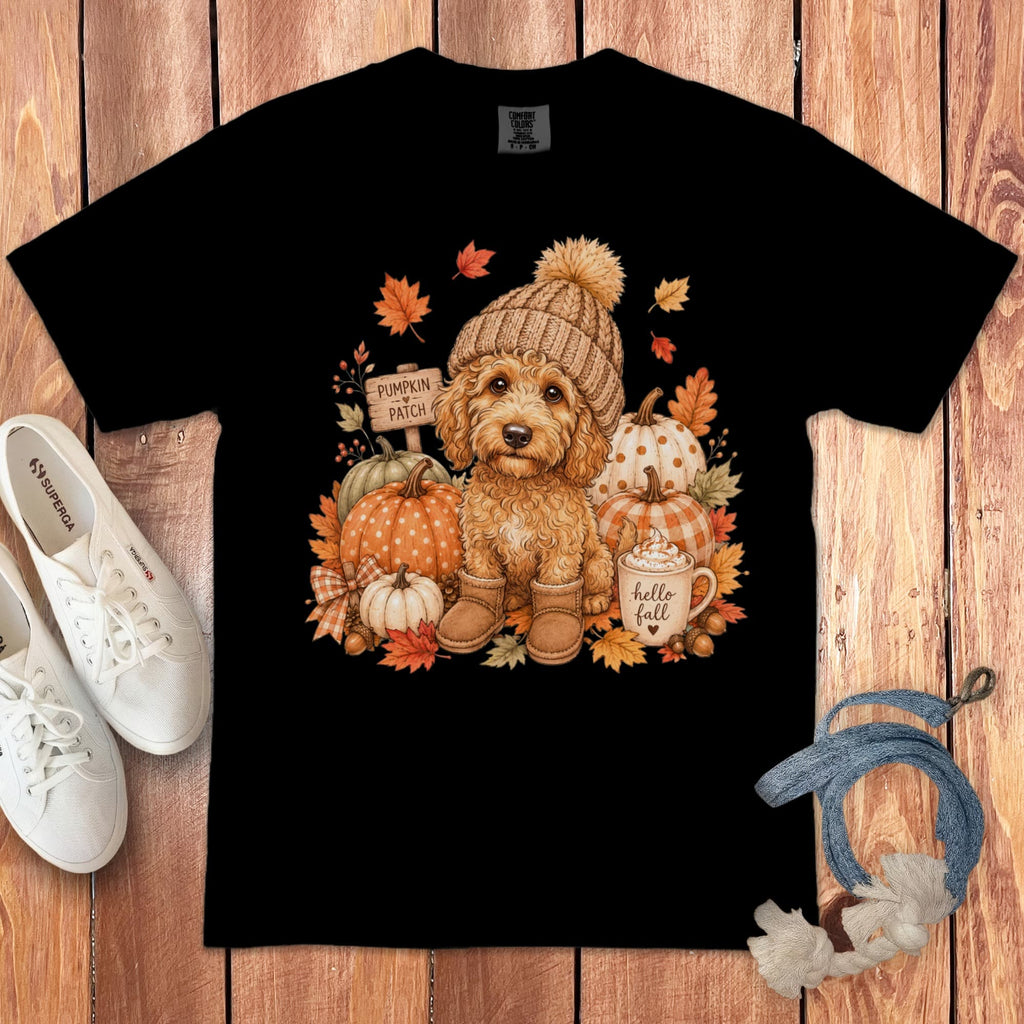 Apricot Goldendoodle Pumpkin Patch Signature T-Shirt in Black / S by Puppy Jo
