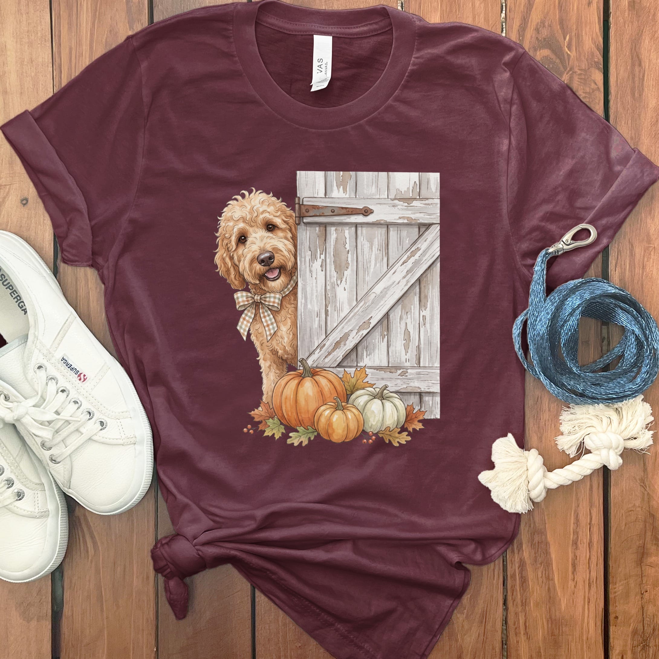 Apricot Goldendoodle Barn Peeking T-Shirt in Maroon / S by Puppy Jo