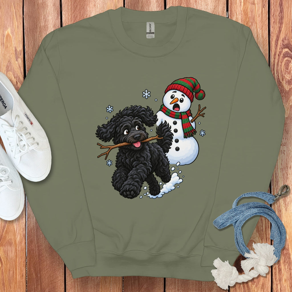 Black Goldendoodle Snowman Sweatshirt in Military Green / S by Puppy Jo