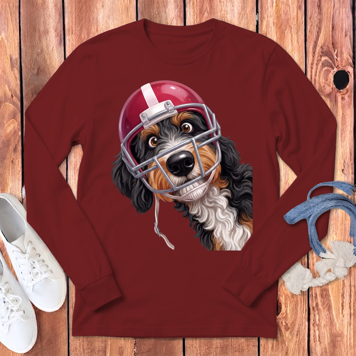 Bernese Mountain Dog wearing a red football helmet and facemask on a maroon long-sleeve shirt.