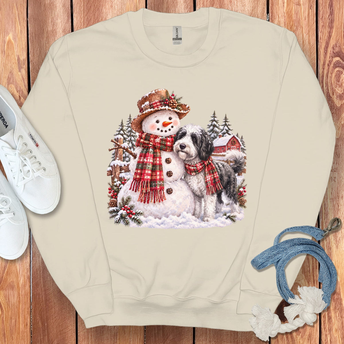 Sheepadoodle Christmas Snowman Sweatshirt in Sand / S by Puppy Jo