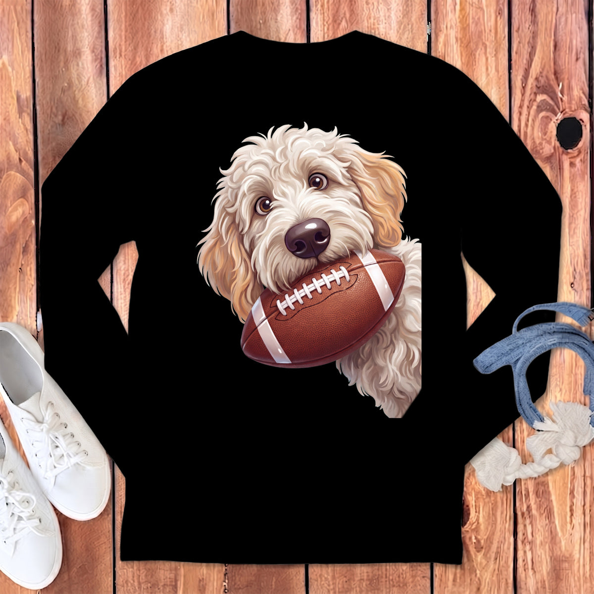Black long-sleeve sweatshirt with a graphic of a golden doodle dog holding a football.