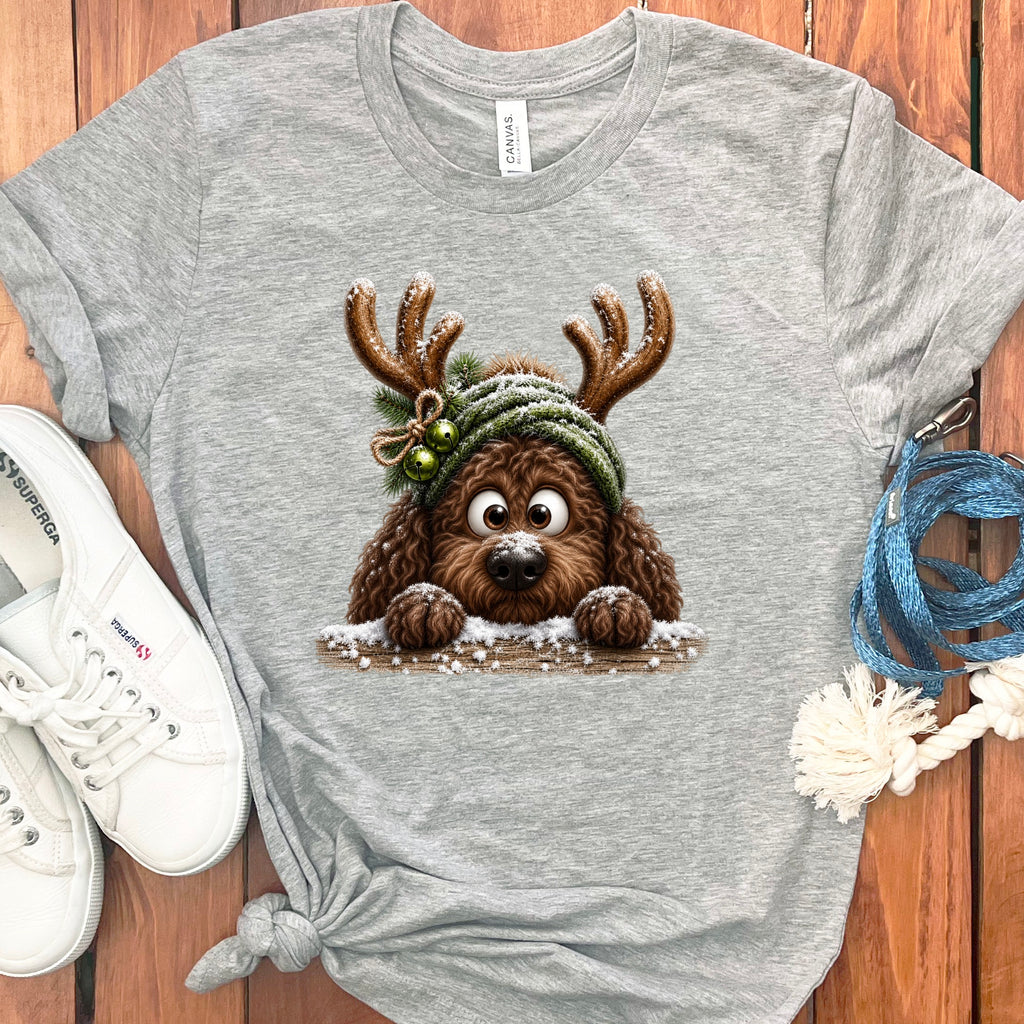 Grey t-shirt with a cartoon dog wearing reindeer antlers and a winter hat.