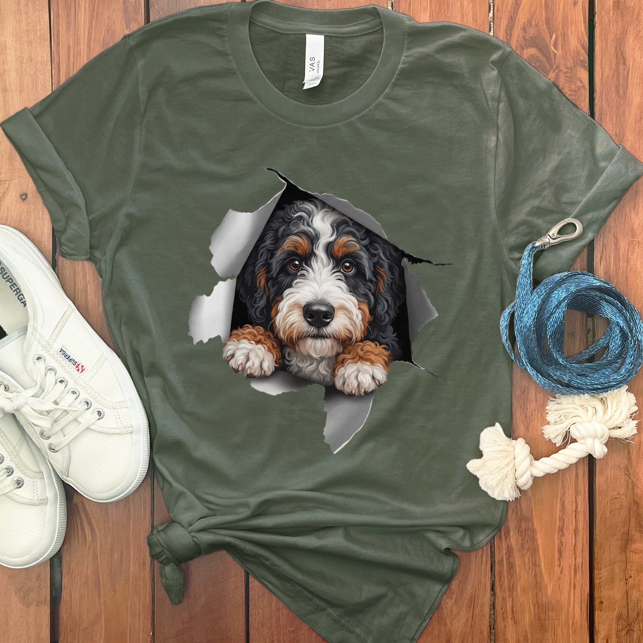 Cute Dog Peeking Through Ripped Design T-shirt