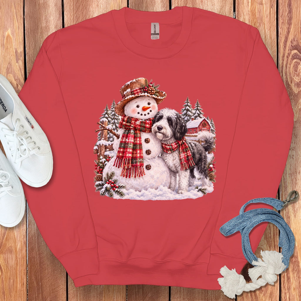 Sheepadoodle Christmas Snowman Sweatshirt in Red / S by Puppy Jo