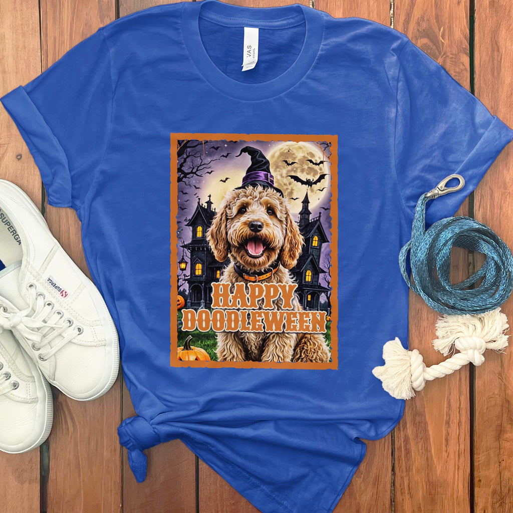 Golden Goldendoodle Happy Doodleween T-Shirt in True Royal / S by Puppy Jo