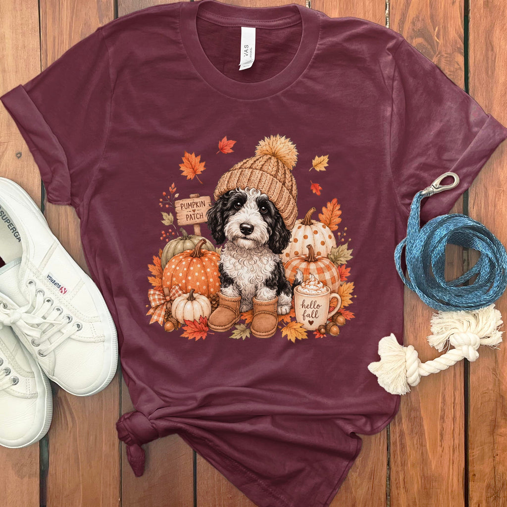 Sheepadoodle Pumpkin Patch T-Shirt in Maroon / S by Puppy Jo