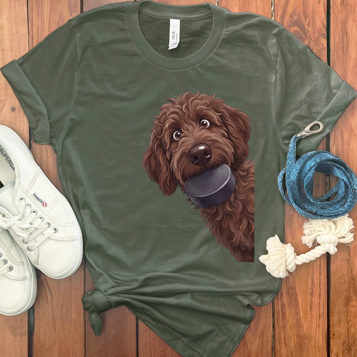Chocolate Goldendoodle Hockey Puck T-Shirt in Military Green / S by Puppy Jo