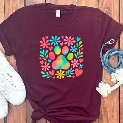 Colorful Paw Print and Flowers Graphic T-Shirt product