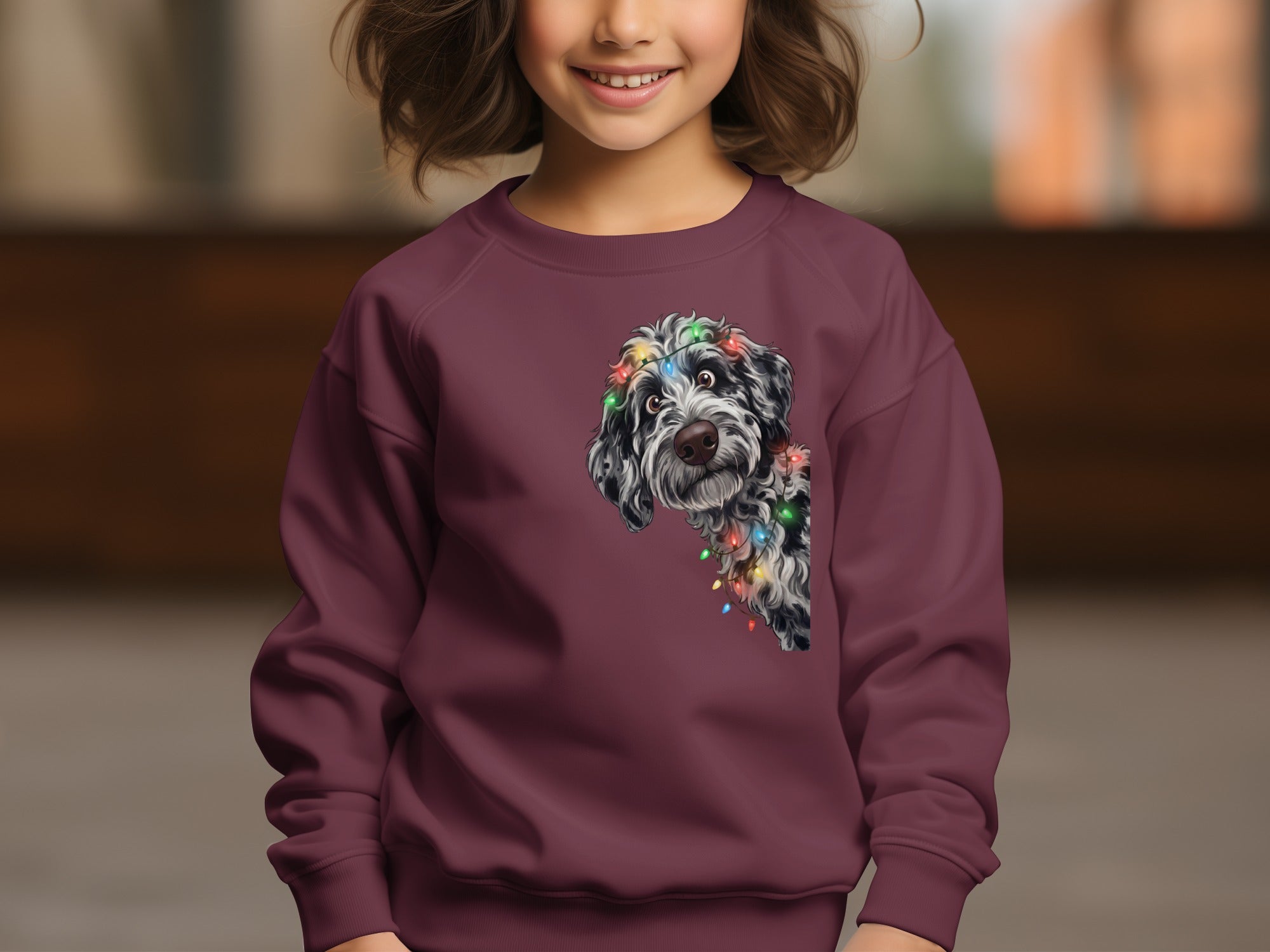Maroon sweatshirt with a black and white dog peeking through colorful Christmas lights.