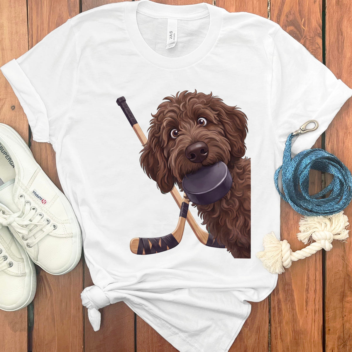 Chocolate Goldendoodle Hockey T-Shirt in White / S by Puppy Jo