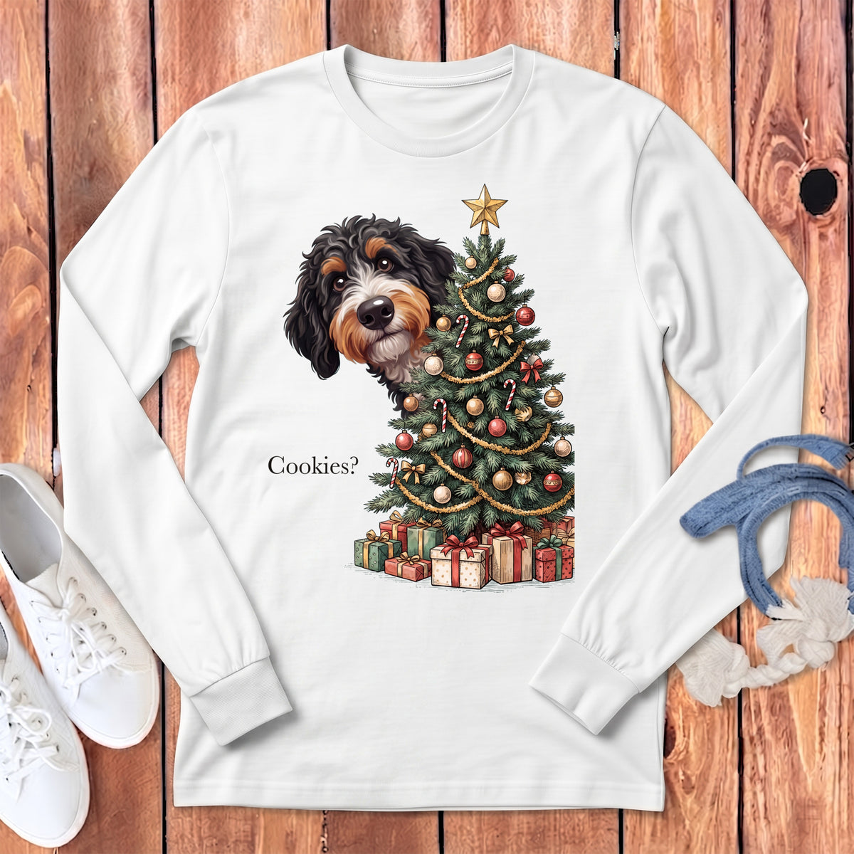 Bernese Mountain Dog peeking from behind a decorated Christmas tree asking "Cookies?".