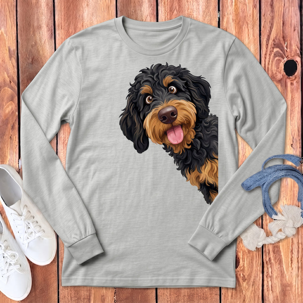 Light grey long-sleeve t-shirt featuring a cartoon doodle dog with black and tan fur.
