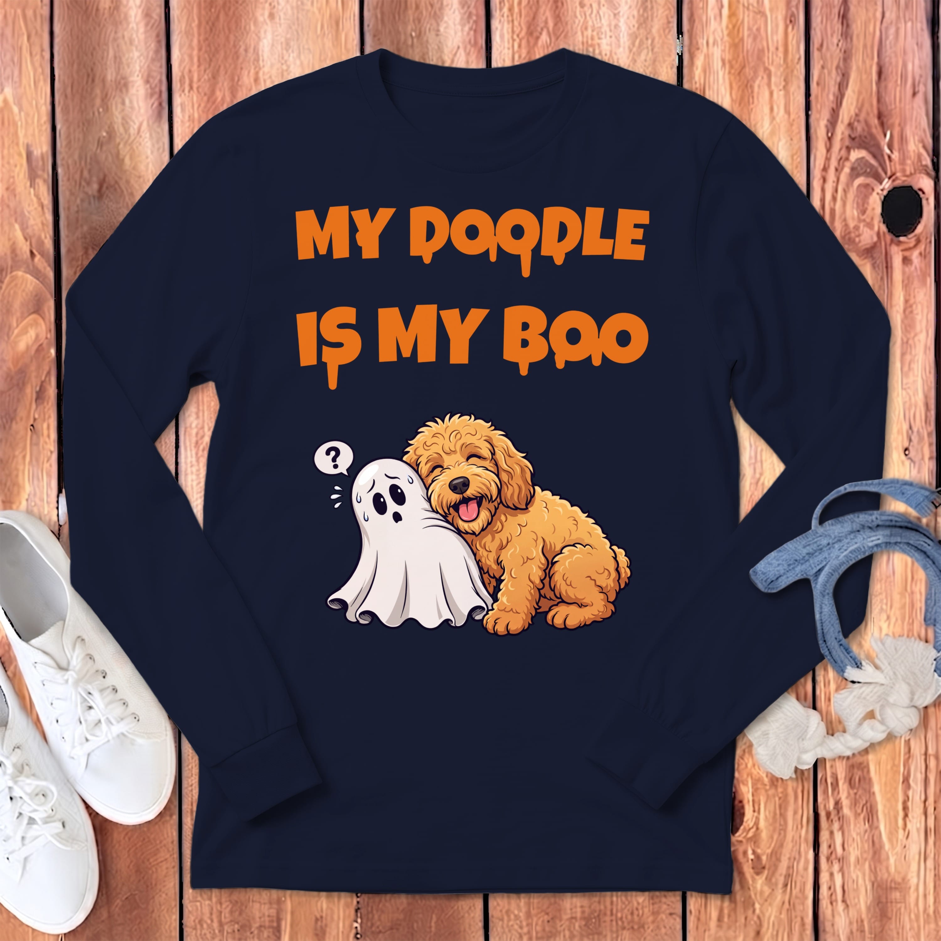 Apricot Goldendoodle My Boo Long Sleeve T-Shirt in Navy / S by Puppy Jo