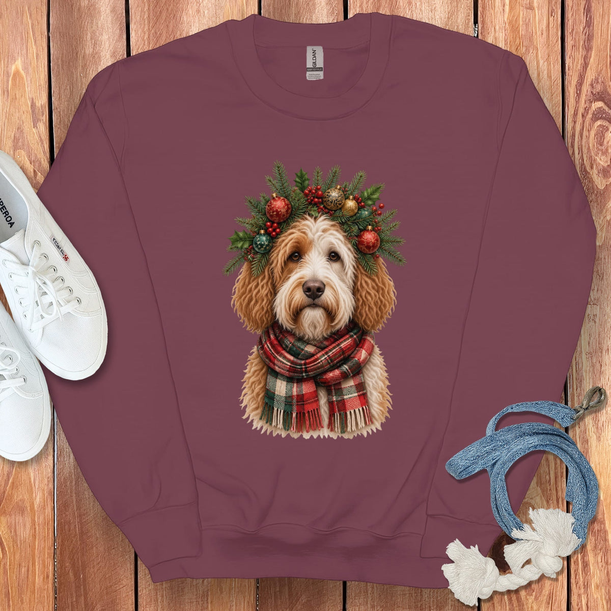 Parti Goldendoodle Holiday Crown Sweatshirt in Maroon / S by Puppy Jo