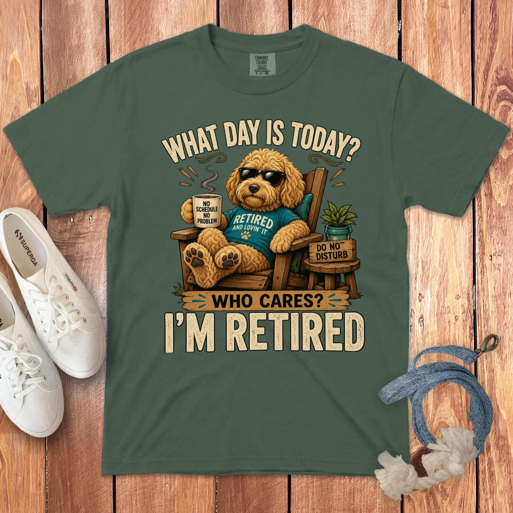 I'm Retired Golden Goldendoodle Signature T-Shirt in Blue Spruce / S by Puppy Jo