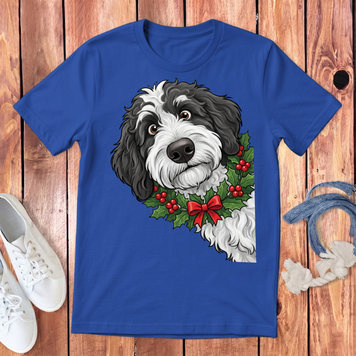 Blue t-shirt with a cartoon dog wearing a holly wreath and red bow.