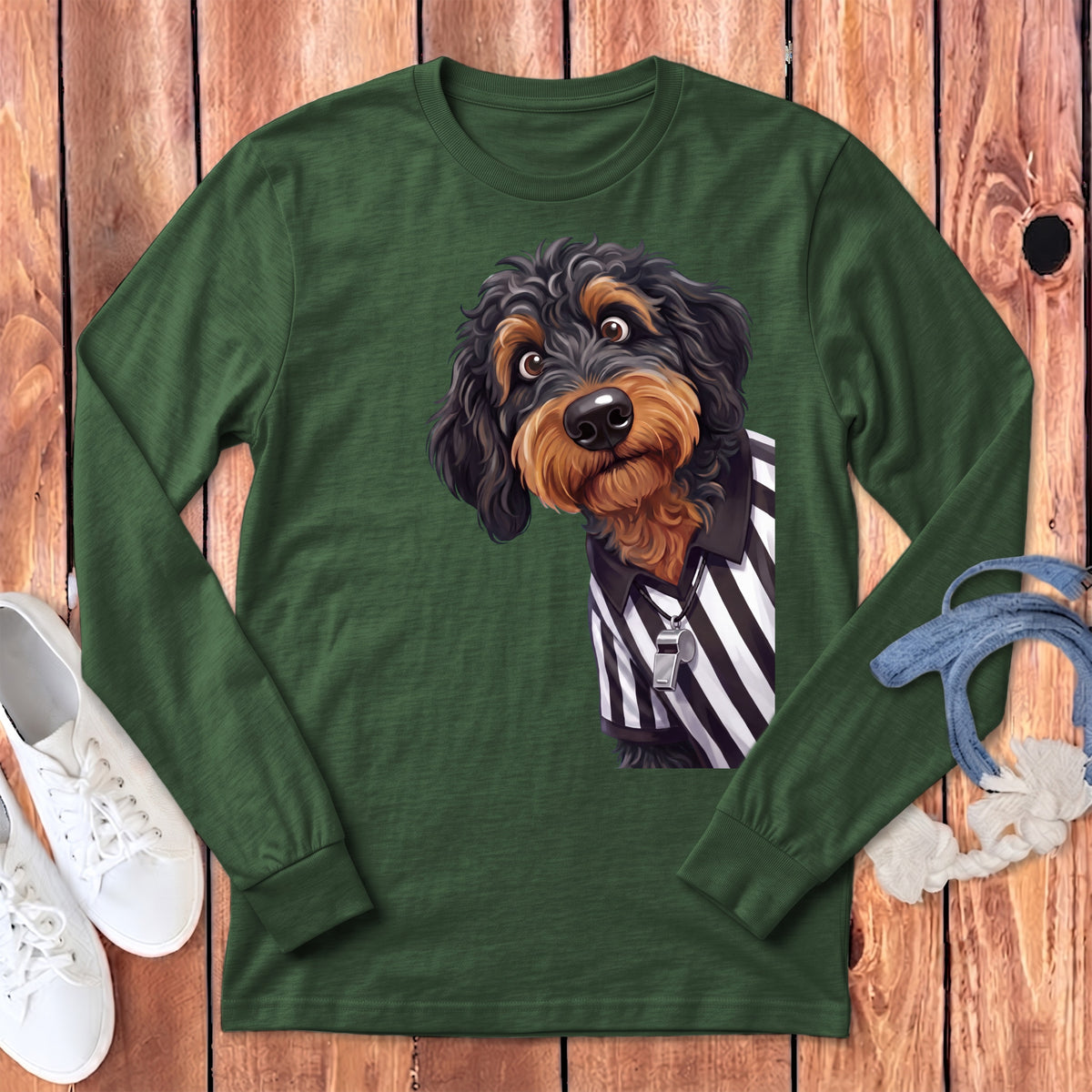 Dark green long sleeve shirt with a cartoon dog wearing a referee uniform.
