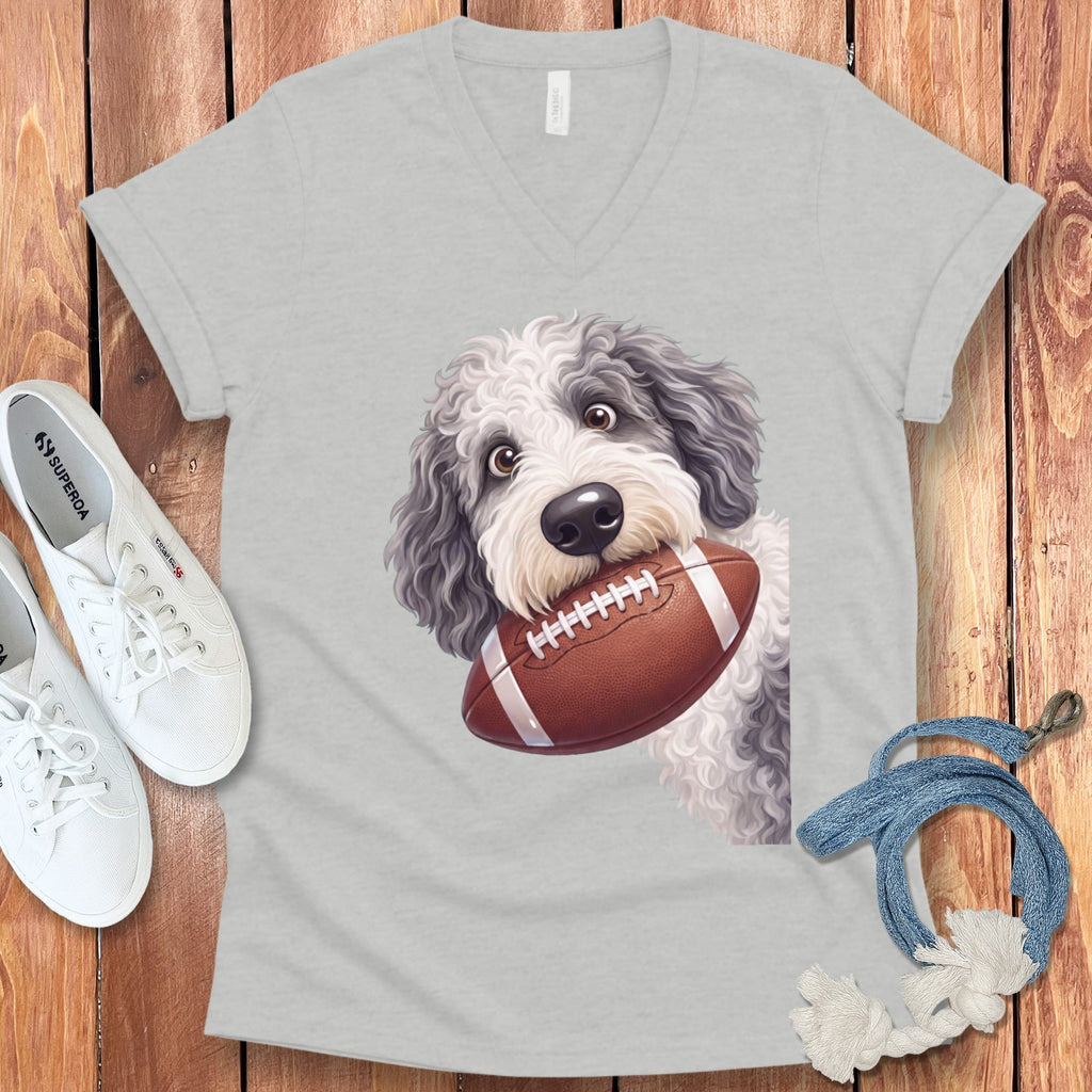 Sheepadoodle Football V-Neck T-Shirt in Athletic Heather / S by Puppy Jo