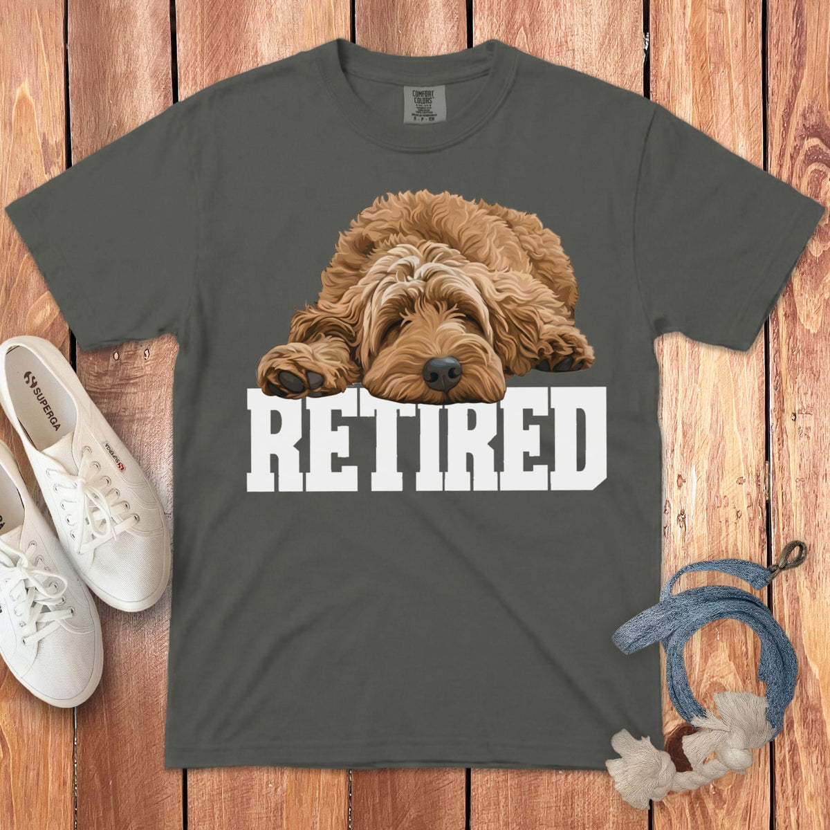 Retired Sleeping Apricot Goldendoodle Signature T-Shirt in Pepper / S by Puppy Jo