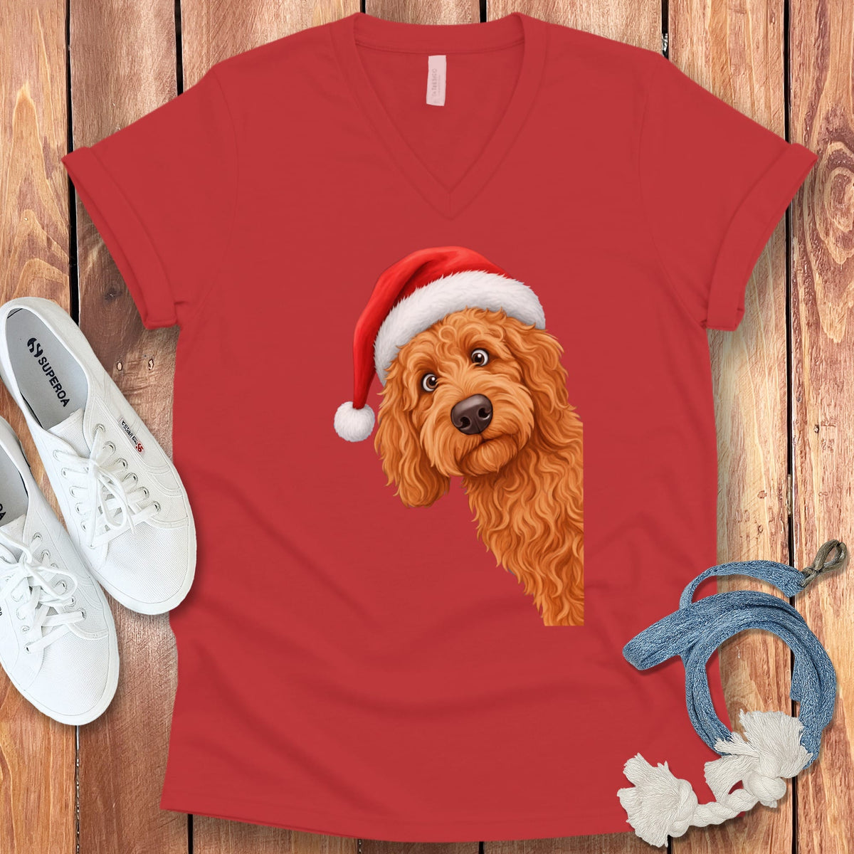 Apricot Goldendoodle Holiday Santa V-Neck T-Shirt in Red / S by Puppy Jo