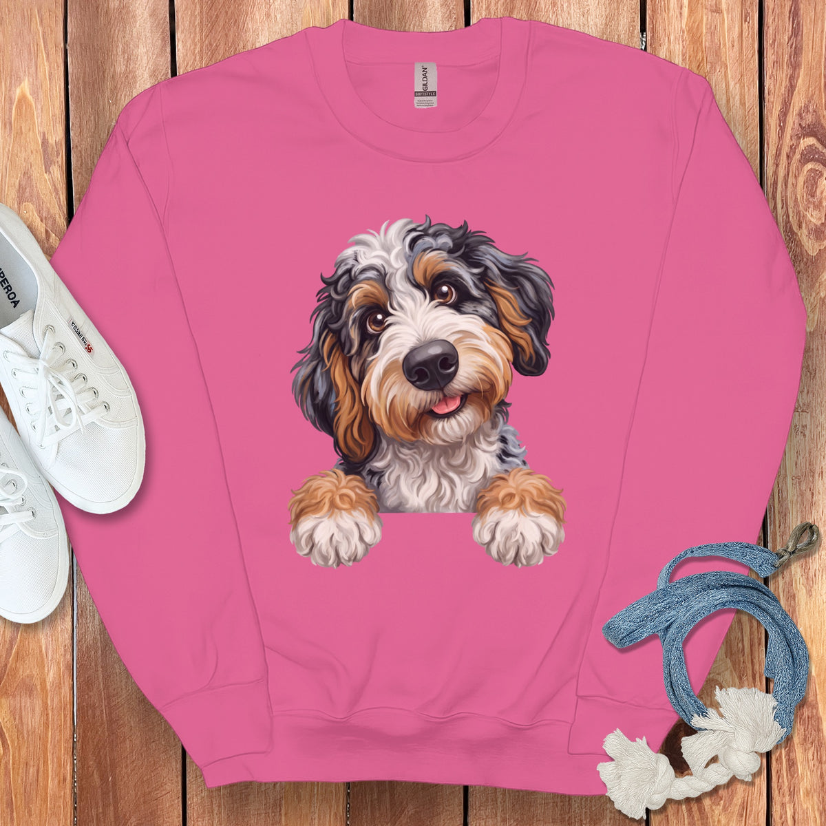 Pink sweatshirt with a colorful Bernese Mountain Dog puppy graphic and white canvas shoes.